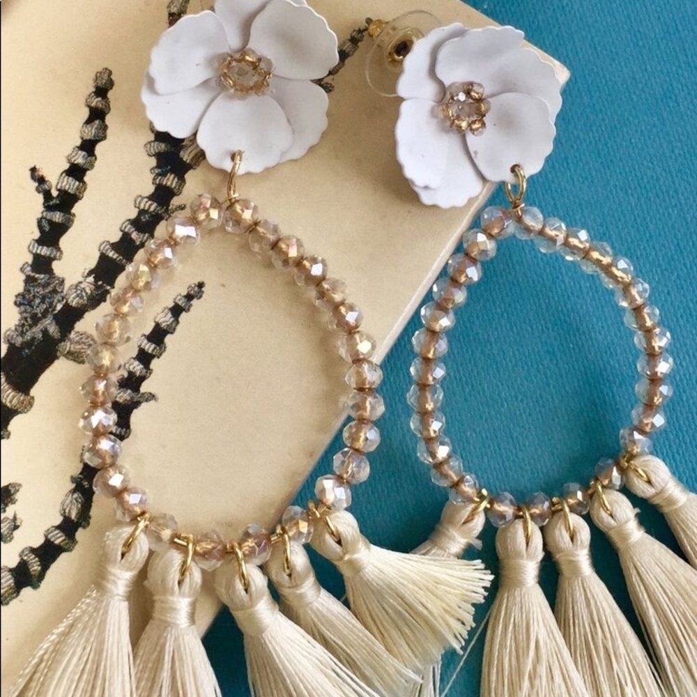 NWOT Floral Tassel Beaded Statement Earrings